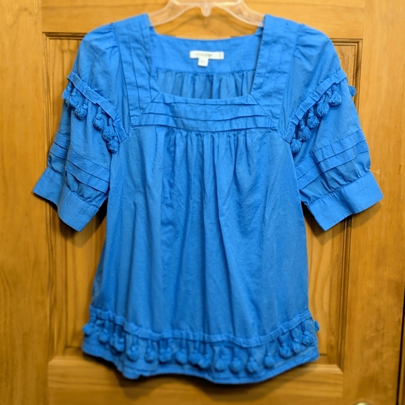 Chico's Tops - Chico's Peasant Blouse Tassel Sz 0 = Small Square Neck 3/4 Sleeve Top Blue Boho